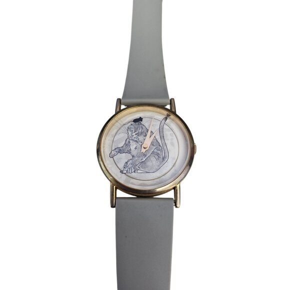 Vintage 1980s Cat & Mouse Watch Gray Watch Band Needs Battery Cute Kitten Motif main image 4